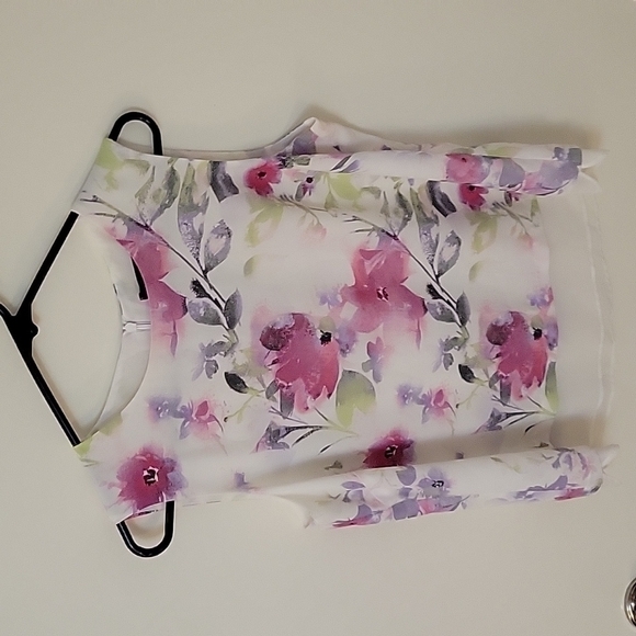 ROSE & OLIVE Fairycore Pink Floral Chiffon Sleeveless Layered Blouse - Picture 3 of 10